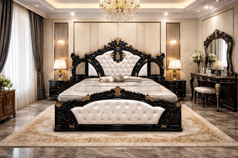 Royal teakwood bed black gold 